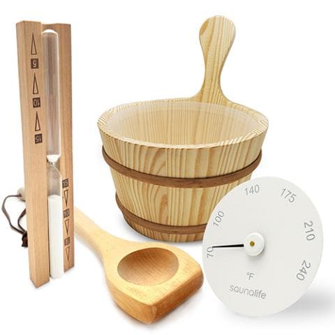 SaunaLife Accessory Package 3 Wooden 1-Gallon Sauna Bucket, Wood Ladle, Thermometer, Hygrometer, Black